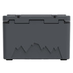 Back of the charcoal gray hard cooler showing the lid hinges and a mountain graphic