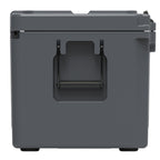 End of the charcoal gray hard cooler showing a recessed molded handle