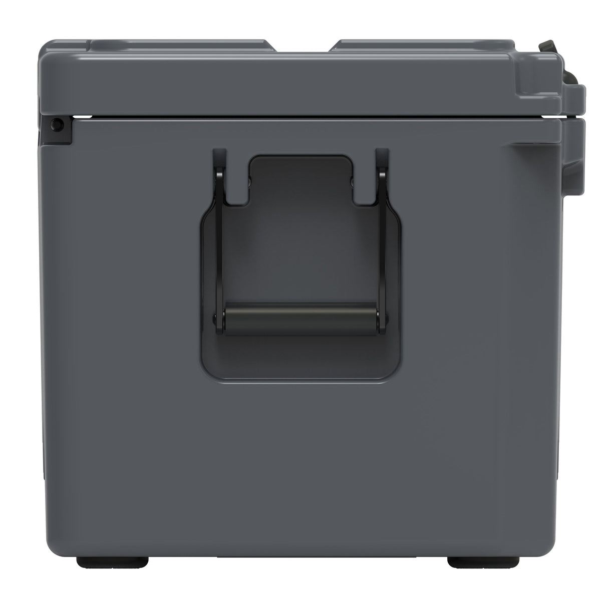End of the charcoal gray hard cooler showing a recessed molded handle
