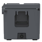 End of the charcoal gray hard cooler showing a molded handle and the drain plug
