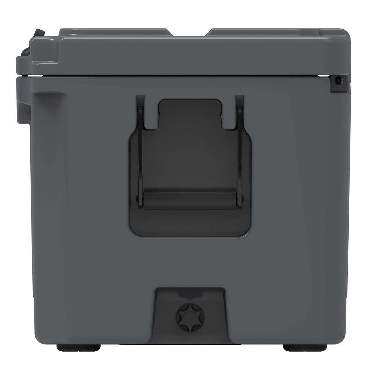 End of the charcoal gray hard cooler showing a molded handle and the drain plug