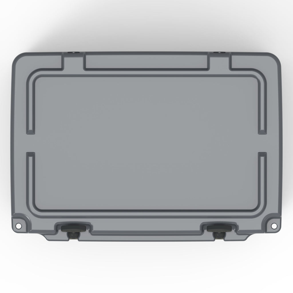 Top-down view of the charcoal gray hard cooler's closed lid