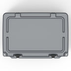 Top-down view of the charcoal gray hard cooler's closed lid