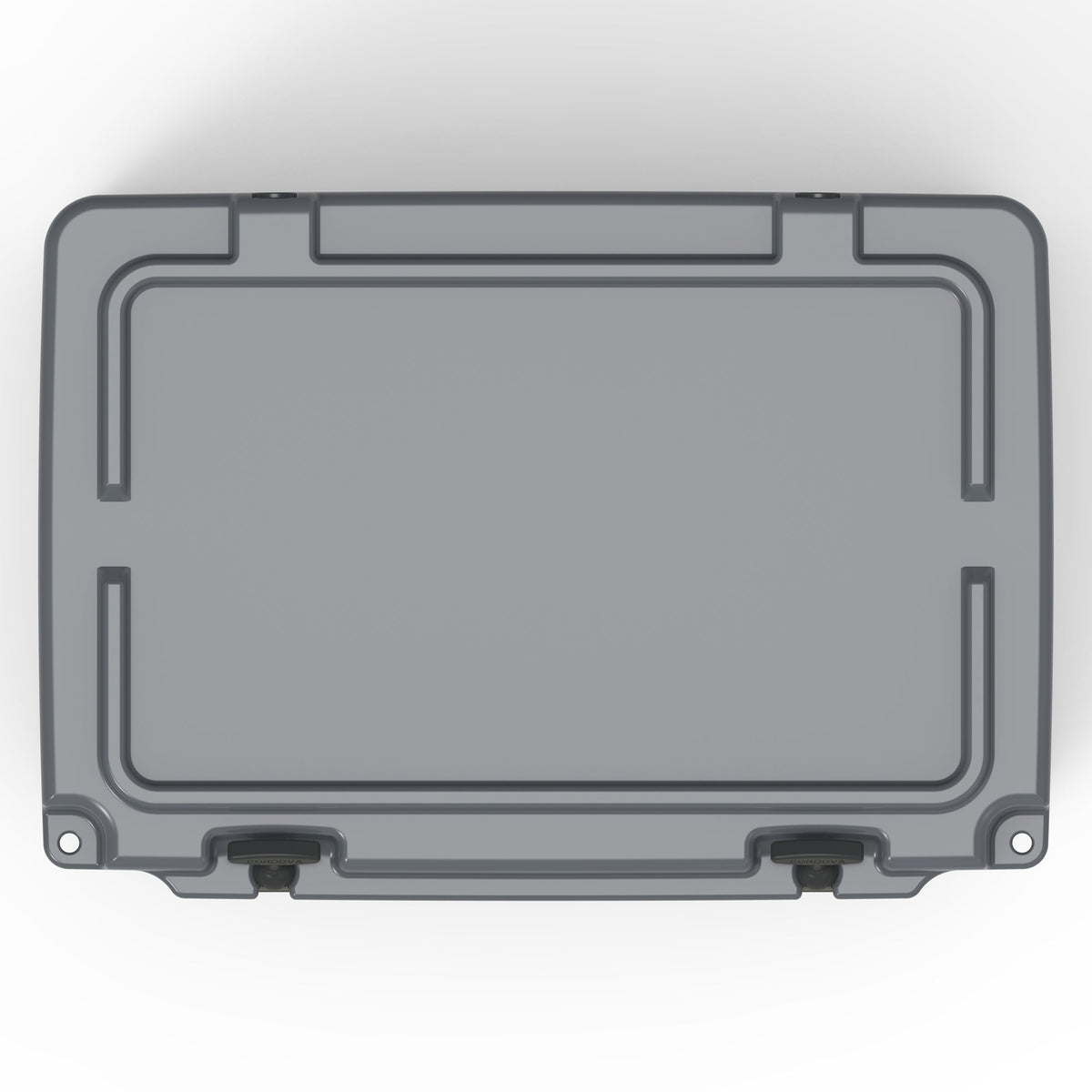 Top-down view of the charcoal gray hard cooler's closed lid