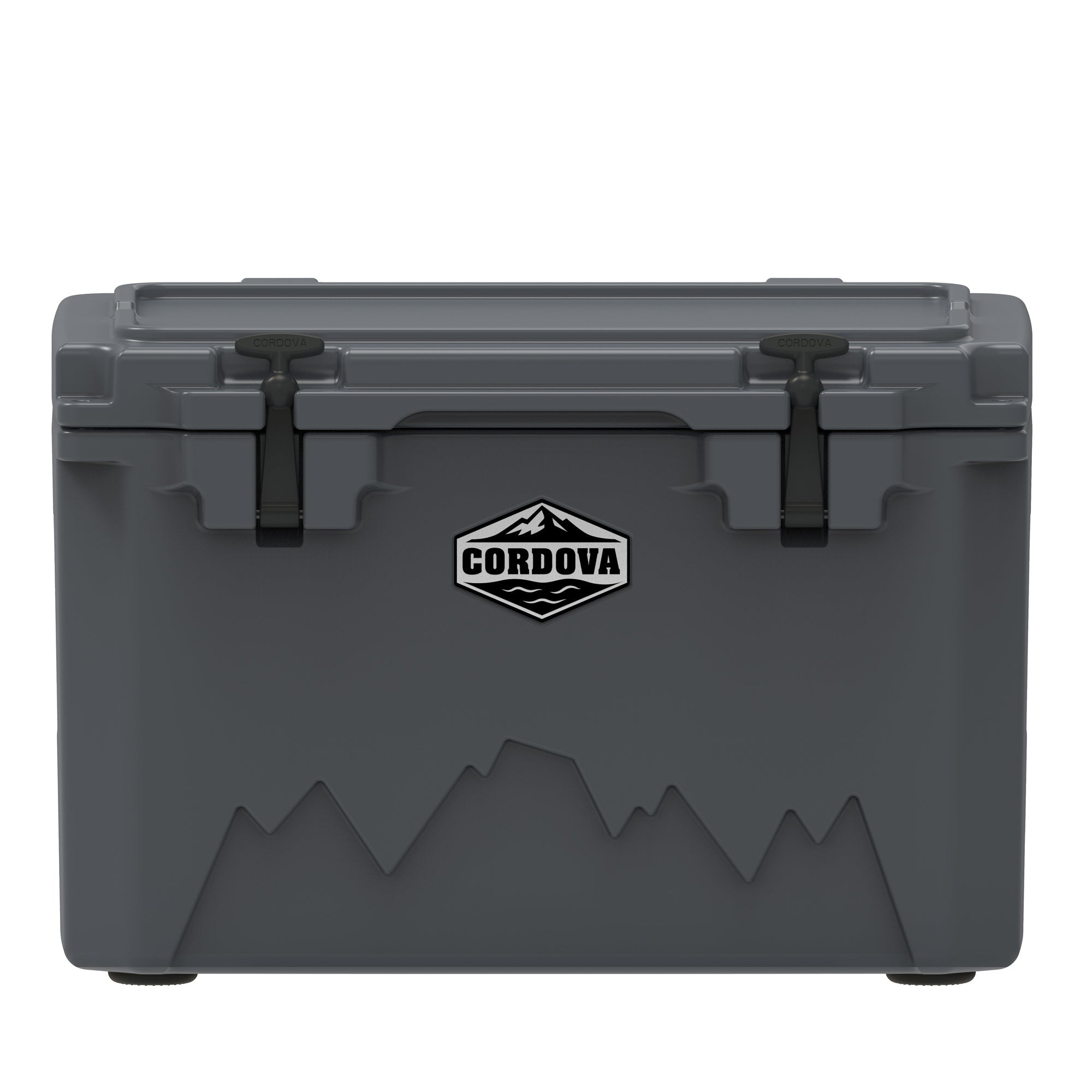 Olive green hard cooler at an angle from the other corner, lid closed