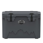 Charcoal gray hard cooler from the front, two black rubber latches, a Cordova badge and a mountain graphic