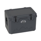 Charcoal gray hard cooler at an angle with the lid closed and a molded side handle showing