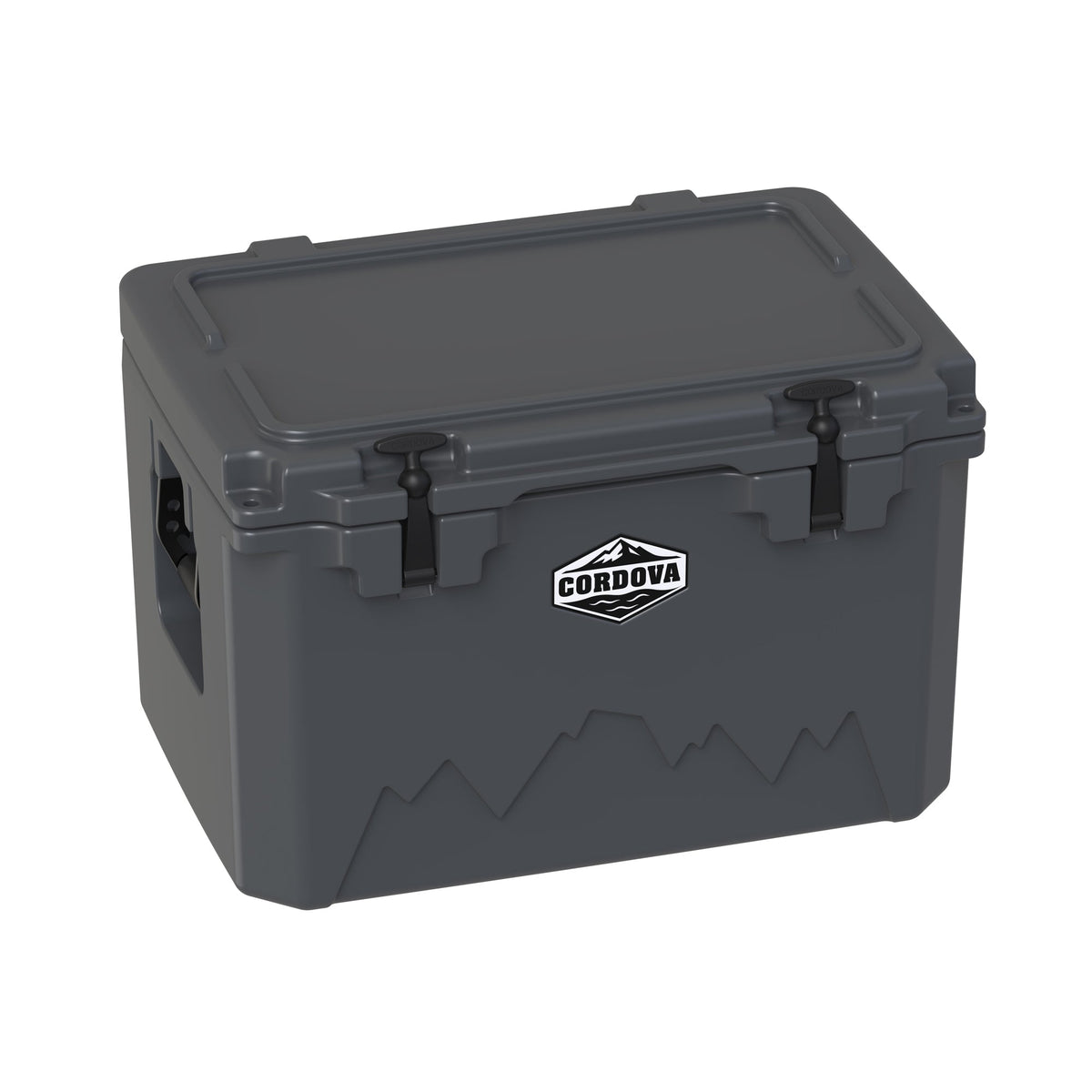 Charcoal gray hard cooler at an angle with the lid closed and a molded side handle showing