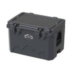 Charcoal gray hard cooler at an angle from the other corner, lid closed