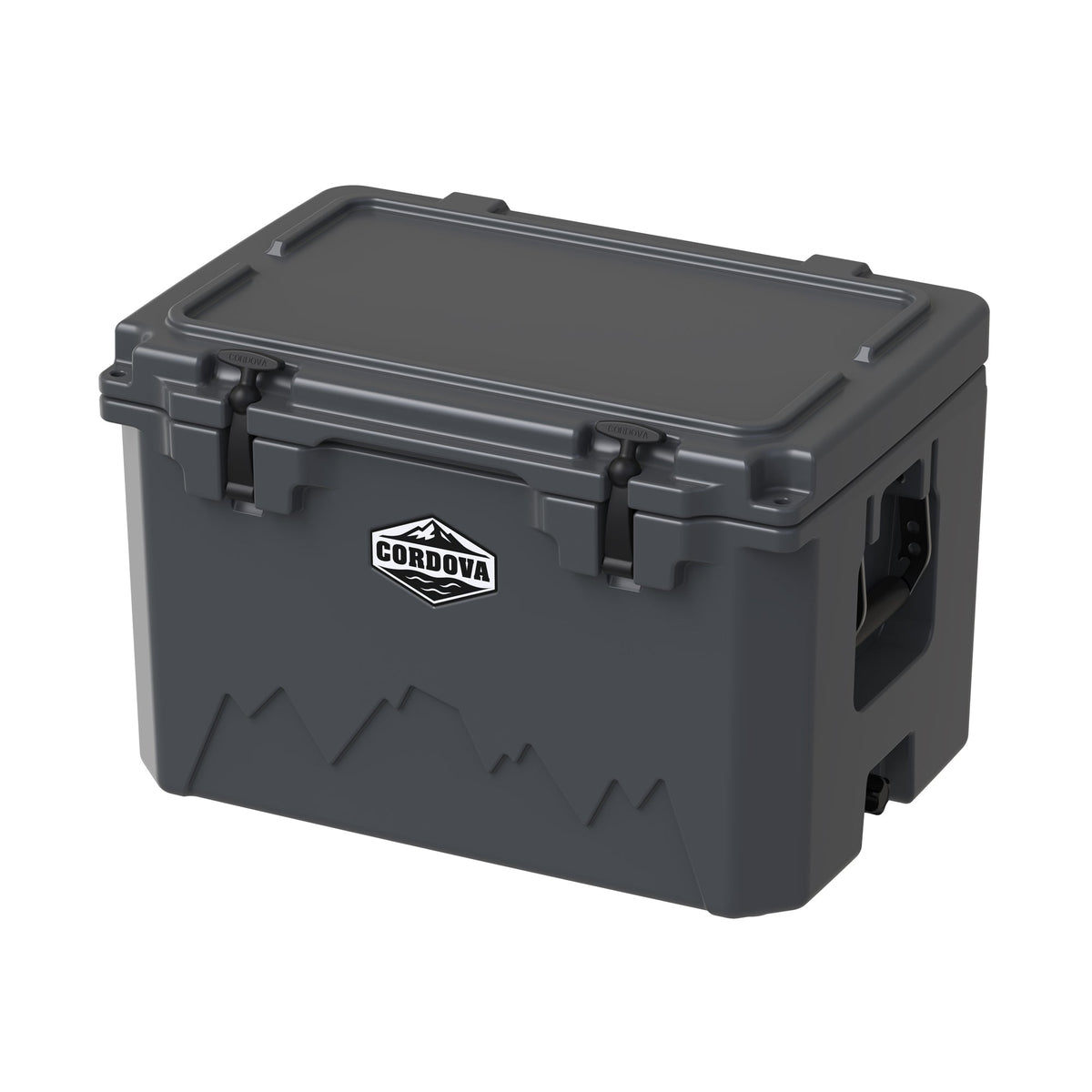 Charcoal gray hard cooler at an angle from the other corner, lid closed