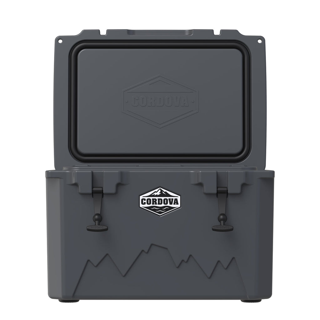 Charcoal gray hard cooler from the front with the lid standing open