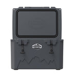 Charcoal gray hard cooler from the front with the lid standing open