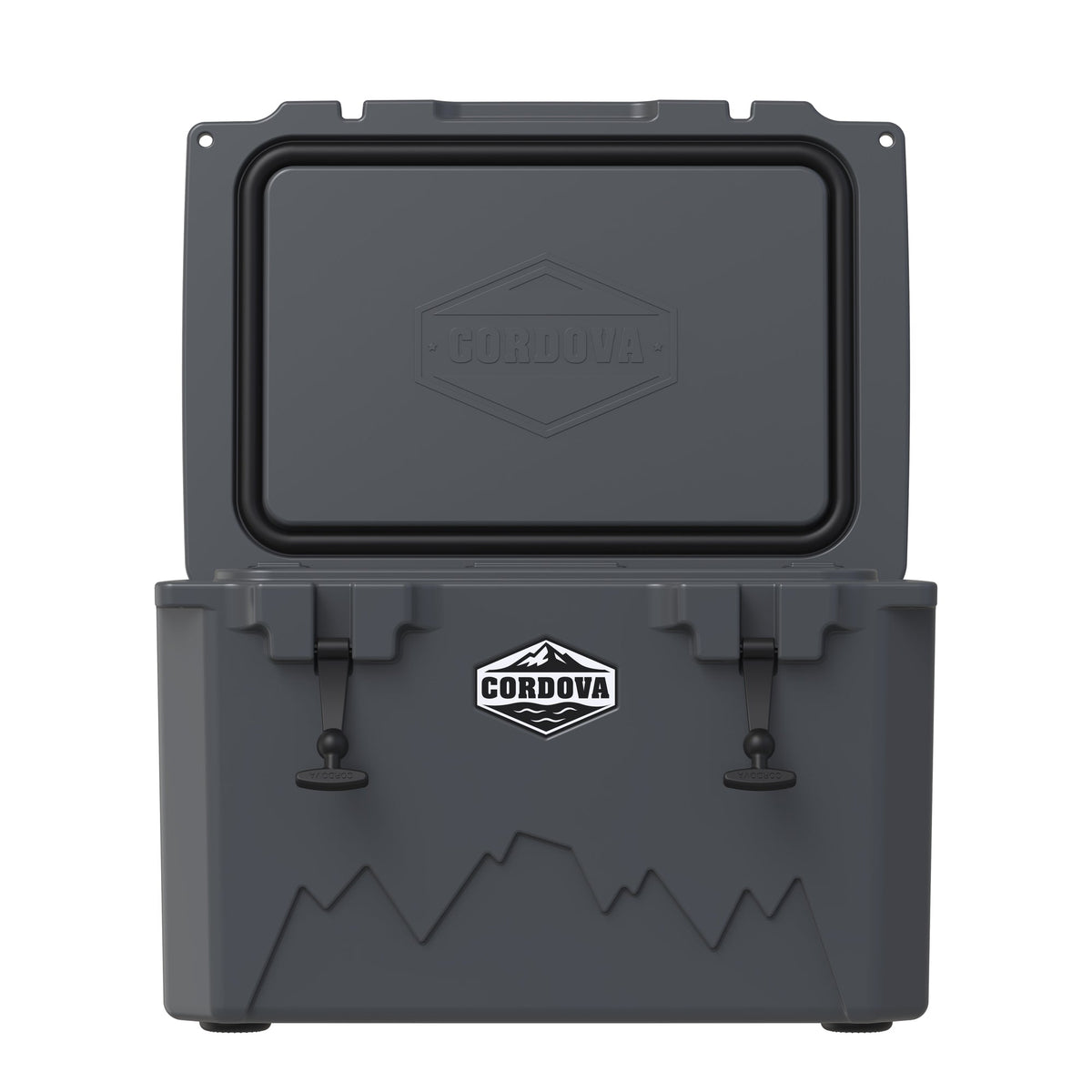Charcoal gray hard cooler from the front with the lid standing open