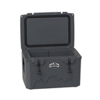 Charcoal gray hard cooler at an angle with the lid open, showing the empty insulated well