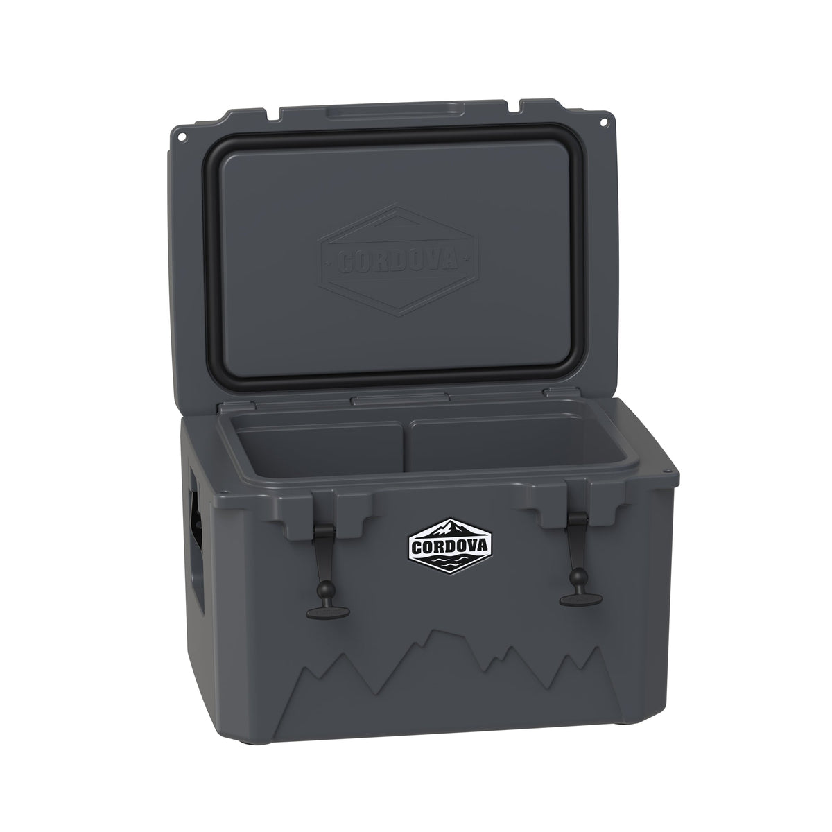 Charcoal gray hard cooler at an angle with the lid open, showing the empty insulated well