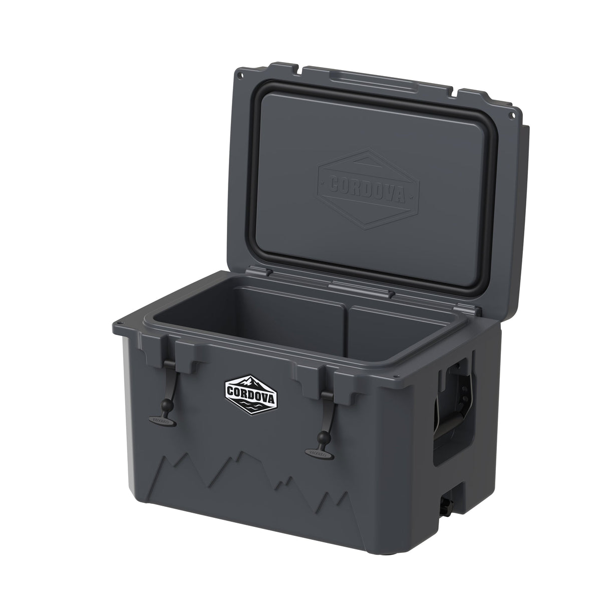 Charcoal gray hard cooler from a low angle with the lid propped open