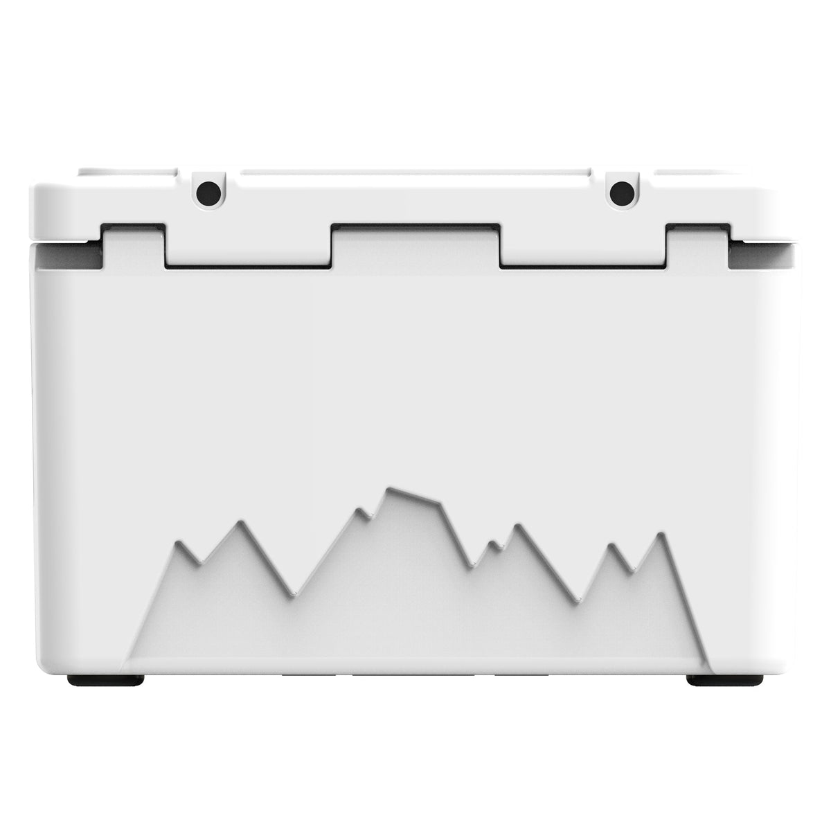 Back of the white hard cooler showing the lid hinges and a mountain graphic