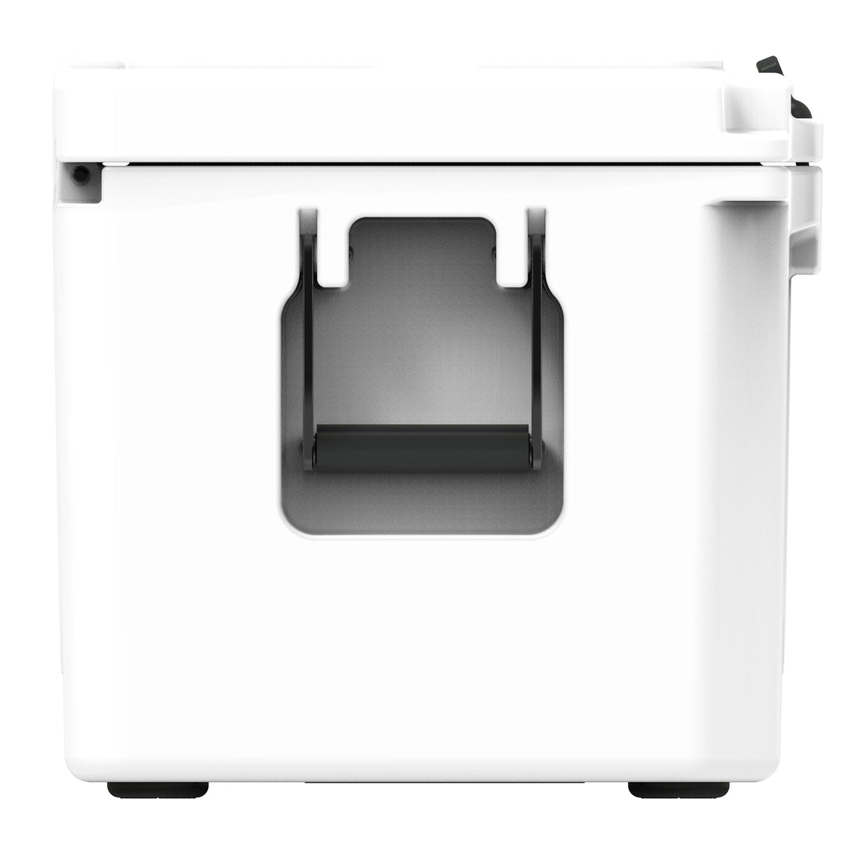 End of the white hard cooler showing a recessed molded handle