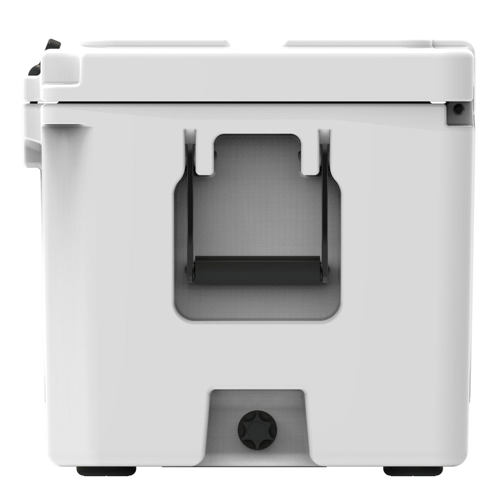 End of the white hard cooler showing a molded handle and the drain plug