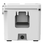 End of the white hard cooler showing a molded handle and the drain plug
