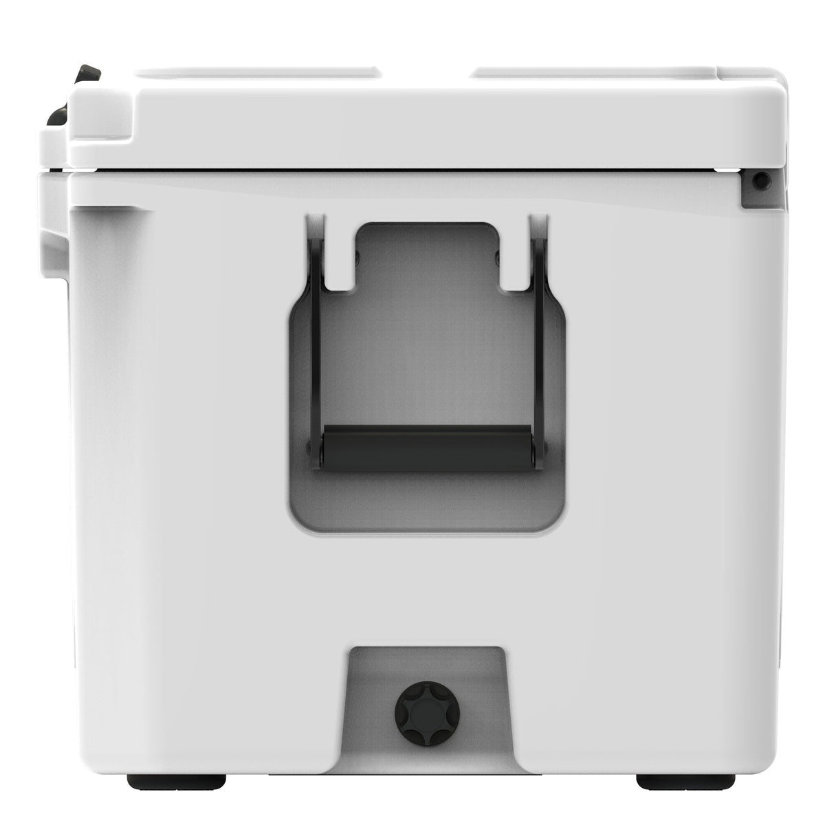 End of the white hard cooler showing a molded handle and the drain plug