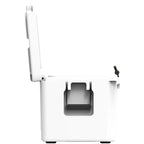 End view of the white hard cooler with the lid standing fully open