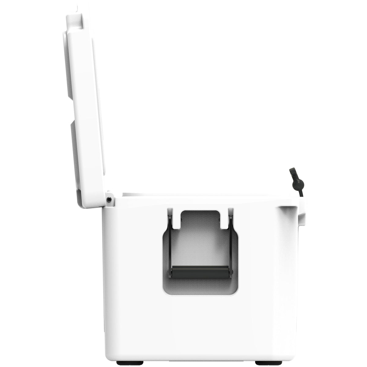 End view of the white hard cooler with the lid standing fully open