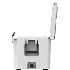 End view of the white hard cooler from the drain side with the lid fully open
