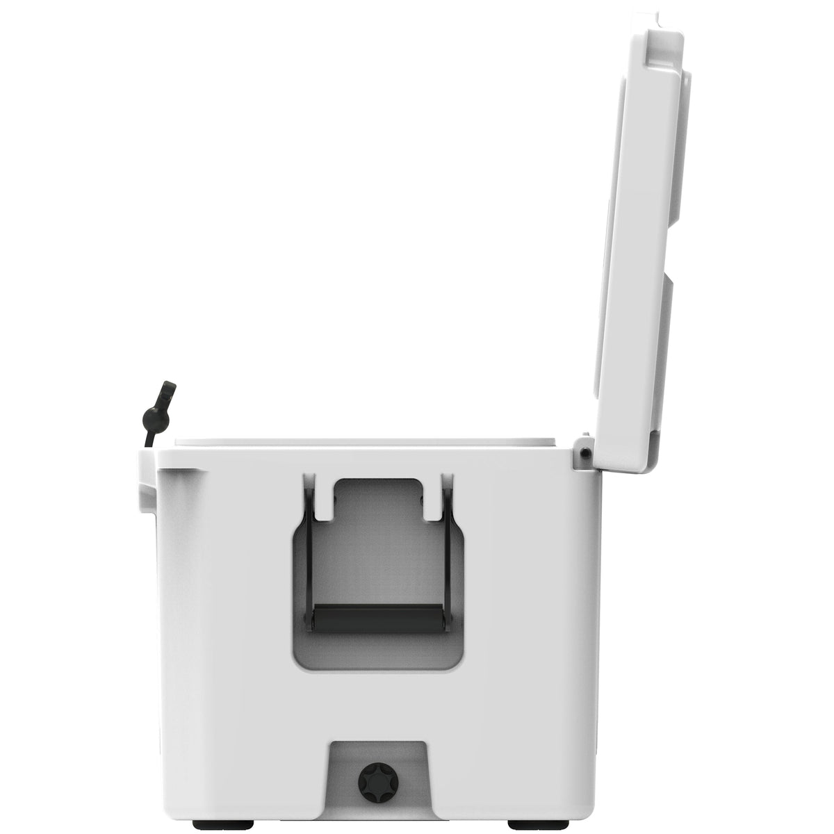 End view of the white hard cooler from the drain side with the lid fully open
