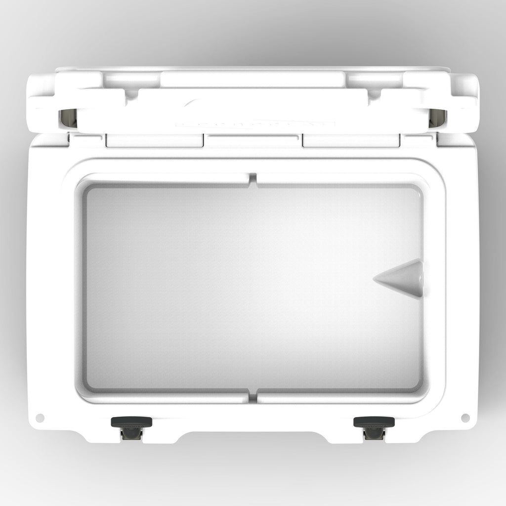 Top-down view into the open white hard cooler's empty insulated well