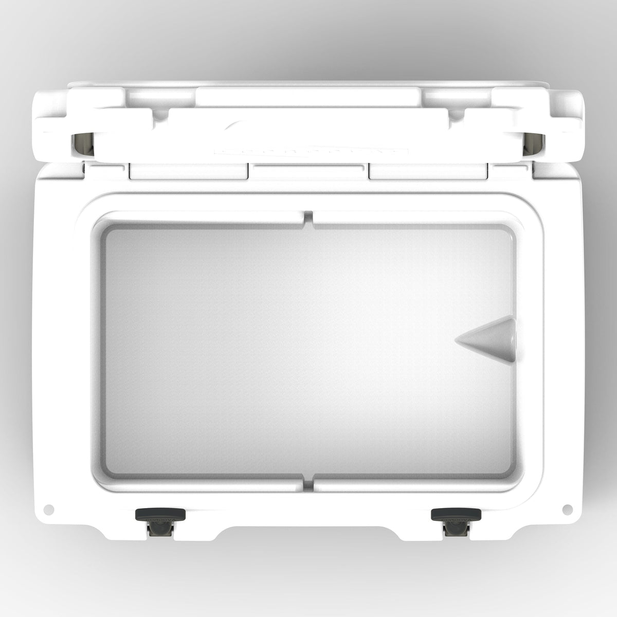 Top-down view into the open white hard cooler's empty insulated well