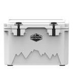 White hard cooler from the front, two black rubber latches, a Cordova badge and a mountain graphic