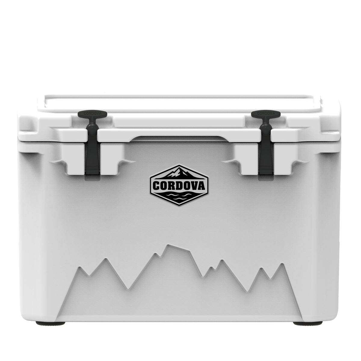 White hard cooler from the front, two black rubber latches, a Cordova badge and a mountain graphic