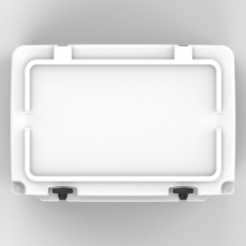 Top-down view of the white hard cooler's closed lid