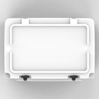 Top-down view of the white hard cooler's closed lid