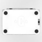 Underside of the white hard cooler with four black rubber feet and a molded C logo