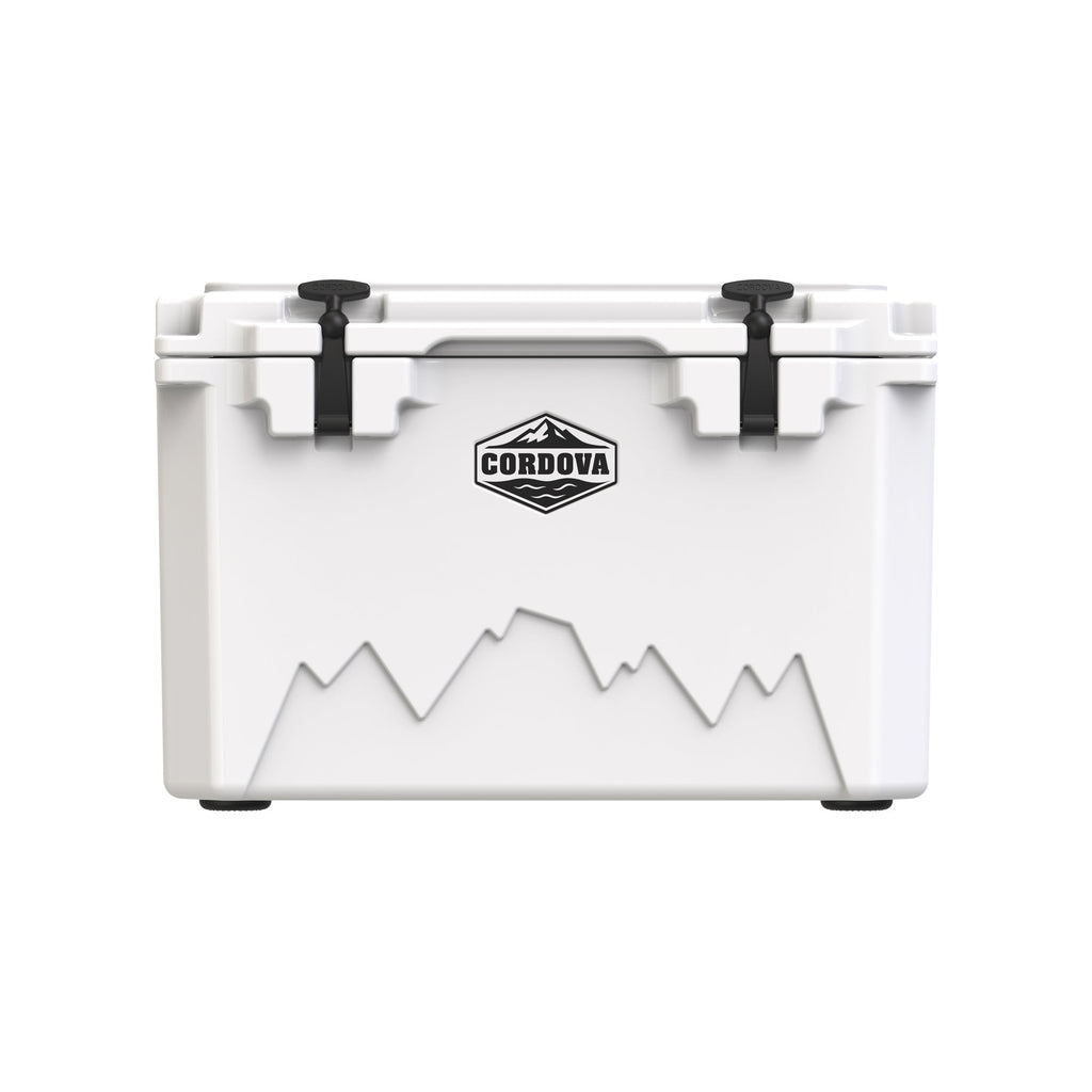White 45 qt hard cooler from the front, shown smaller on white