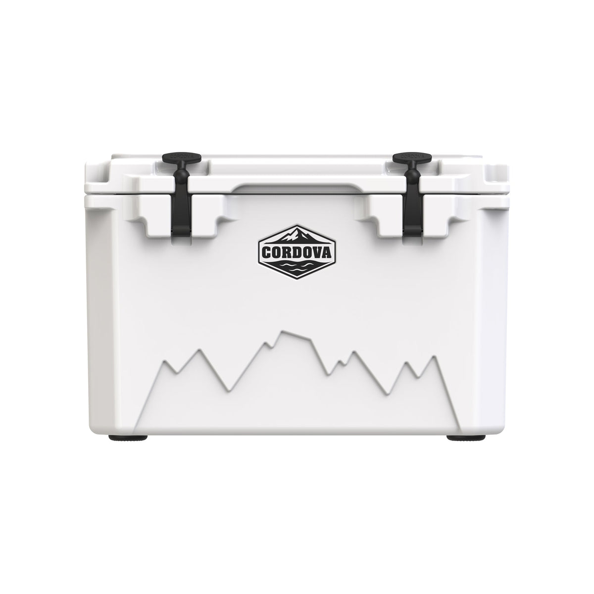 White 45 qt hard cooler from the front, shown smaller on white