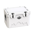 White hard cooler at an angle with the lid closed and a molded side handle showing