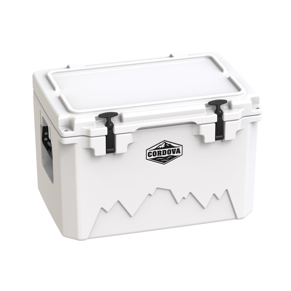 White hard cooler at an angle with the lid closed and a molded side handle showing