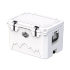 White hard cooler at an angle from the other corner, lid closed