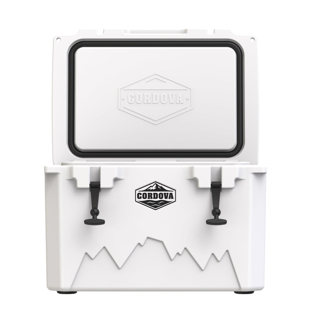White hard cooler from the front with the lid standing open