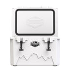 White hard cooler from the front with the lid standing open