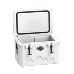 White hard cooler at an angle with the lid open, showing the gasket and empty well