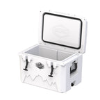 White hard cooler from a low angle with the lid propped open