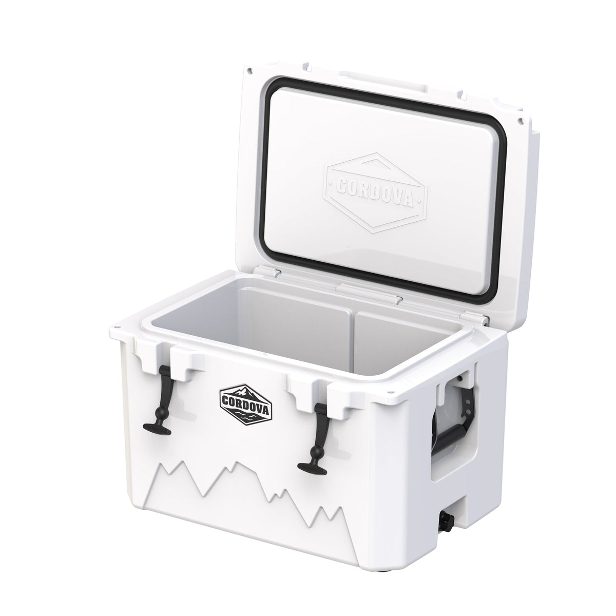 White hard cooler from a low angle with the lid propped open