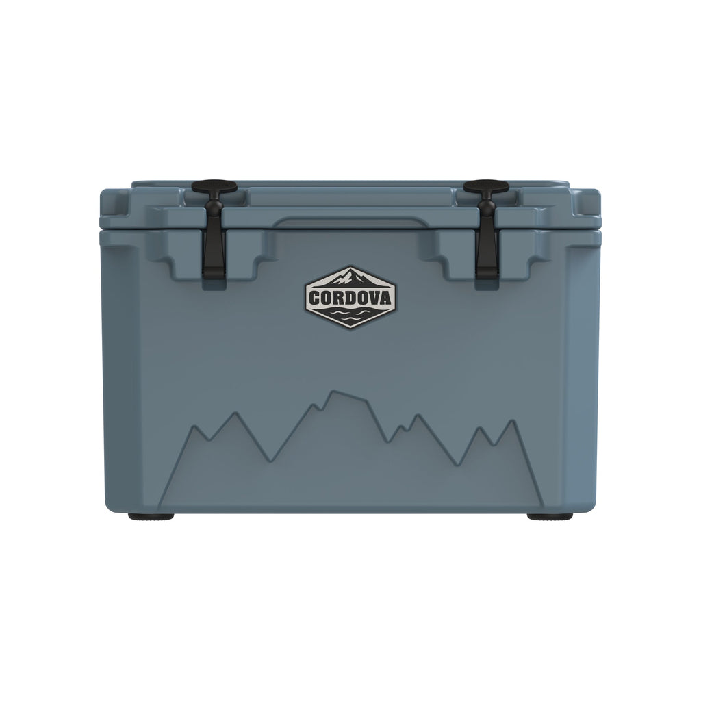 Slate-blue 45 qt hard cooler from the front, shown smaller on white