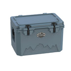 Slate-blue hard cooler at an angle with the lid closed and a molded side handle showing