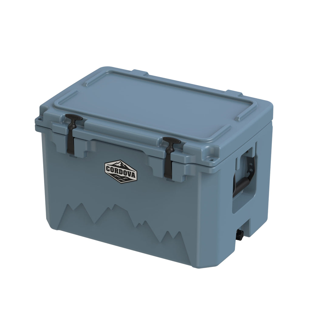 Slate-blue hard cooler at an angle from the other corner, lid closed