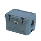 Slate-blue hard cooler at an angle from the other corner, lid closed
